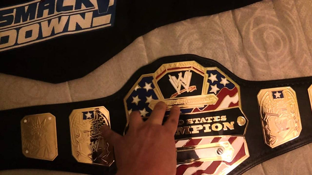 WWE US replica belt on custom Real leather strap DVDs Belt hanger SOLD by Jarred Wrestling Stuff (7 years ago)